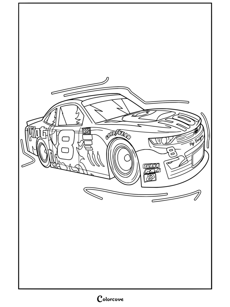 Dibujo para colorear de NASCAR con un auto de carreras con el número ocho y el diseño de Hot Cheetos.