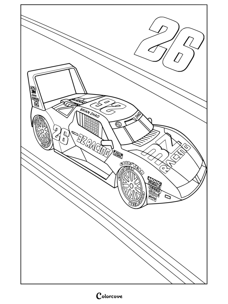 Dibujo para colorear imprimible de NASCAR con un auto de carreras con la marca 3Z Racing, un alerón gigante y el número 26 en la pista.
