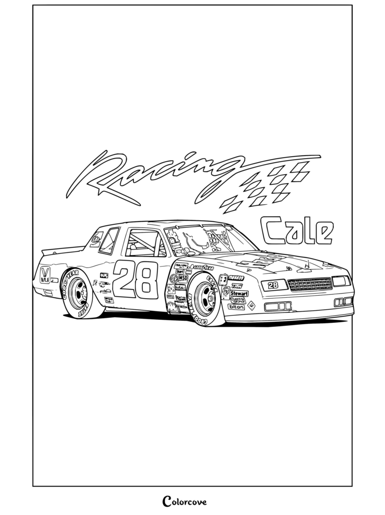 Detallado dibujo para colorear del auto de carreras de NASCAR número 28 de Cale Yarborough con calcomanías de patrocinadores y banderas de carreras.