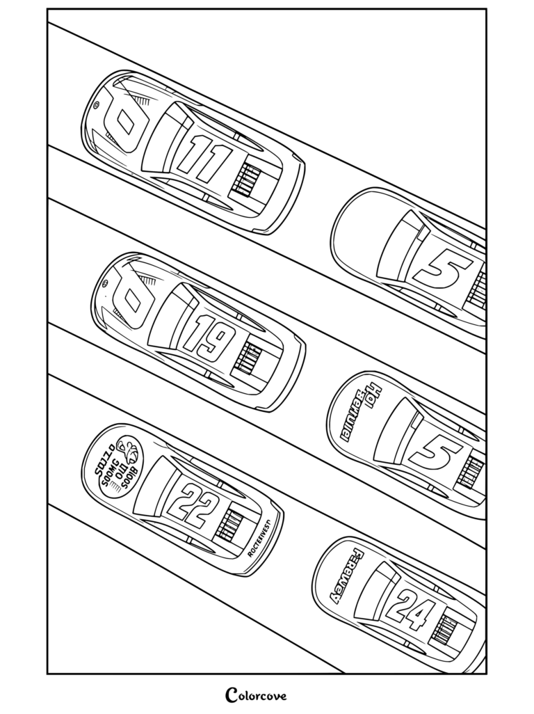 Dibujo para colorear de autos de carreras de NASCAR en la pista con múltiples autos stock a toda velocidad.