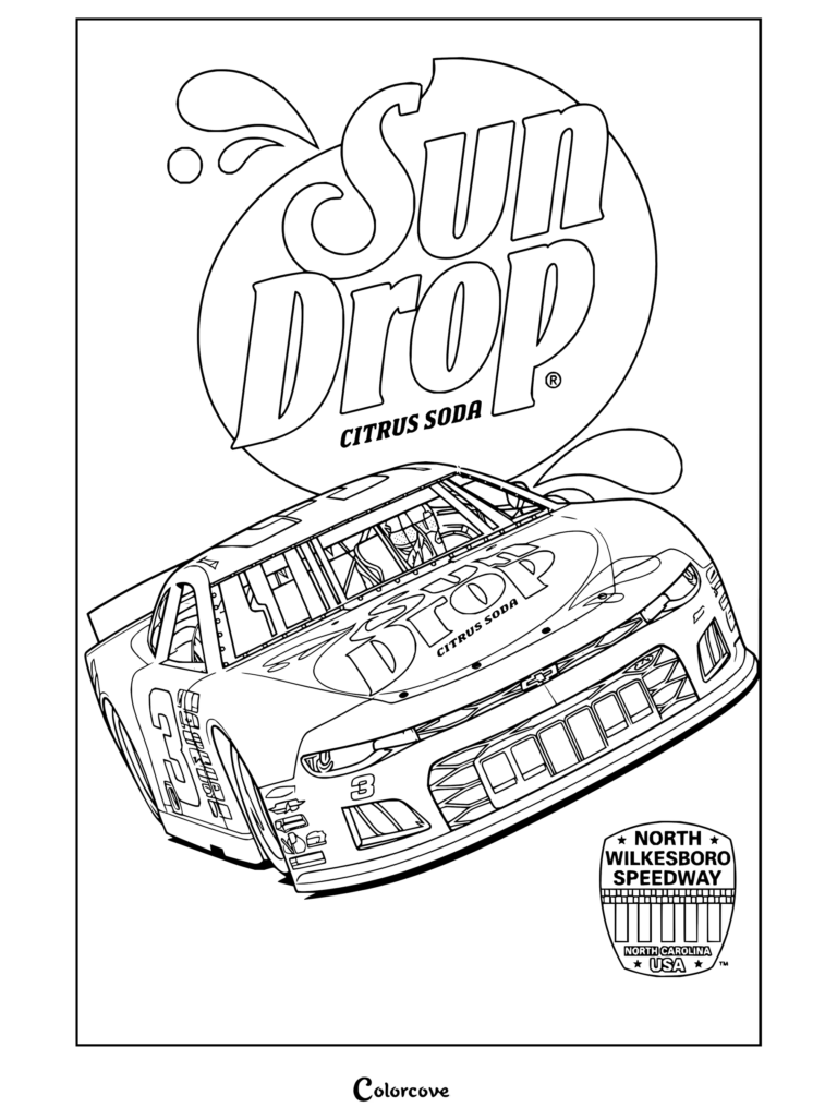 Dibujo para colorear de NASCAR de un auto stock de Sun Drop Citrus Soda compitiendo en North Wilkesboro Speedway.