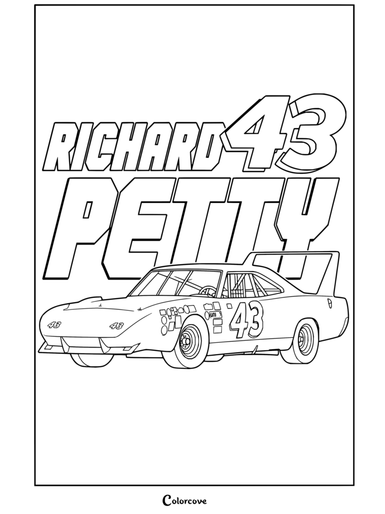 Dibujo para colorear de NASCAR del Plymouth Superbird de Richard Petty con el icónico auto de carreras, el número 43 y una tipografía llamativa.