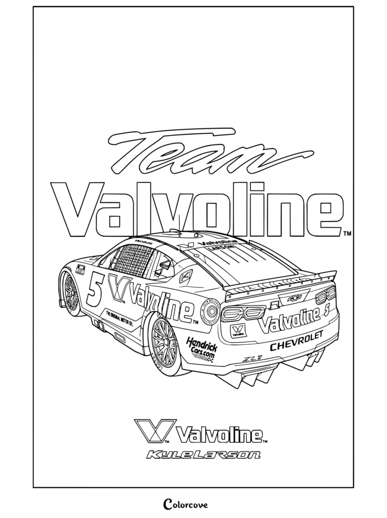 Dibujo para colorear imprimible del auto de carreras Chevrolet número 5 de Team Valvoline de Kyle Larson en NASCAR.