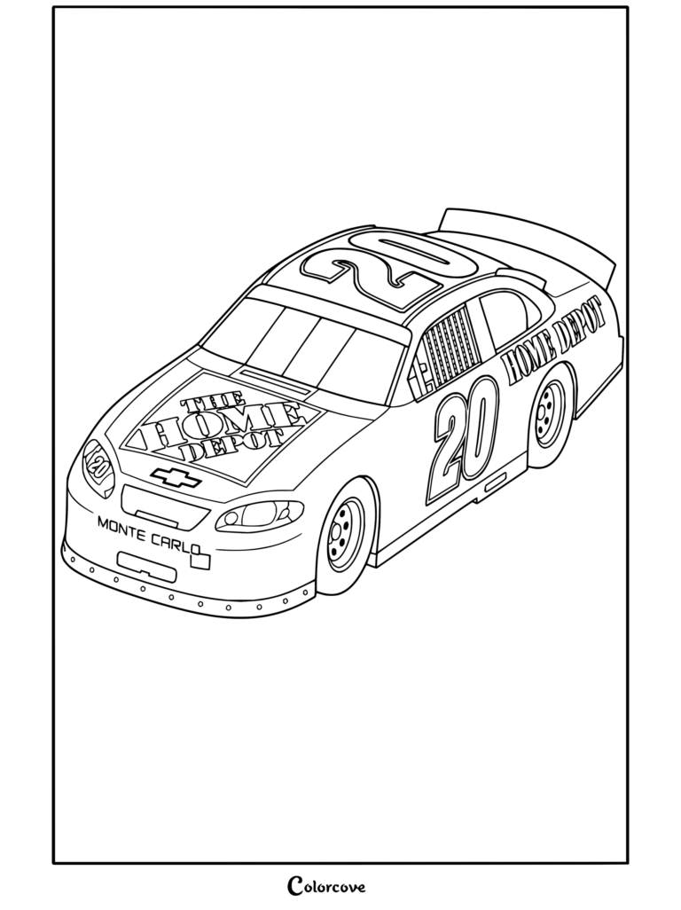 Dibujo para colorear imprimible del auto de carreras de NASCAR Chevrolet Monte Carlo número 20 de The Home Depot de Tony Stewart.