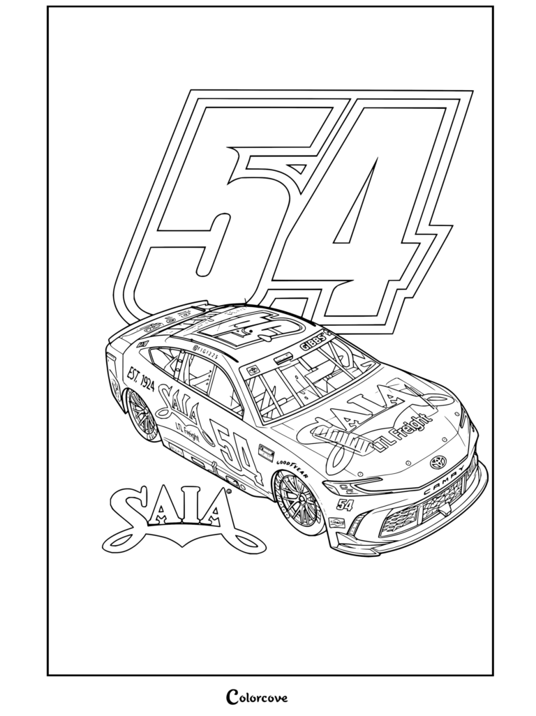 Dibujo para colorear del auto de carreras de NASCAR Toyota Camry Saia Freight de Ty Gibbs con el número 54.