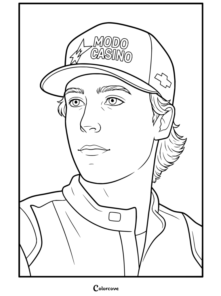 Dibujo para colorear imprimible gratis estilo retrato del piloto de NASCAR Tyler Reddick con una gorra de Modo Casino y un mono de carreras.