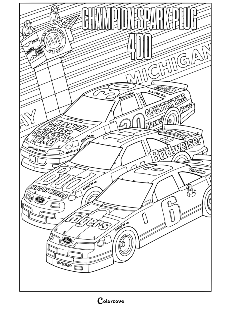 Dibujo para colorear imprimible que muestra el póster de la carrera de NASCAR Champion Spark Plug 400 de Michigan con autos stock.