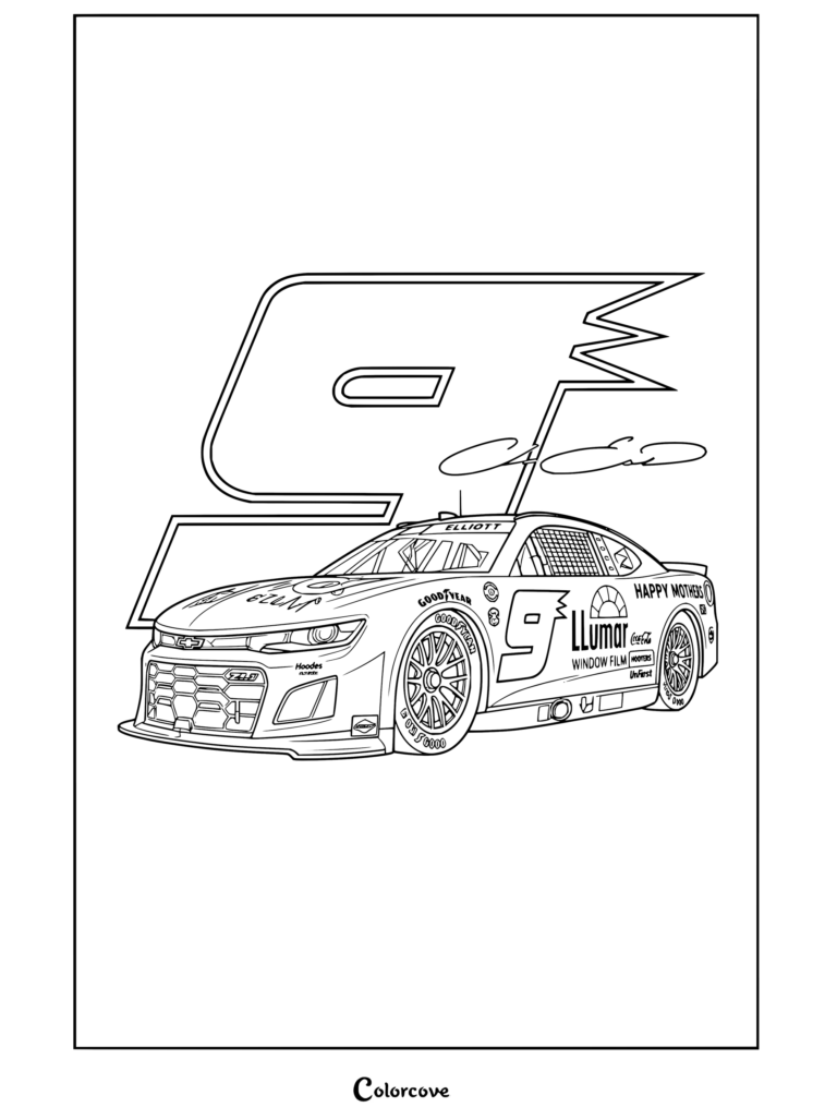 Dibujo para colorear de Chase Elliott en la NASCAR Cup Series con el Chevrolet Camaro ZL1 número nueve y el diseño oficial del auto de carreras.