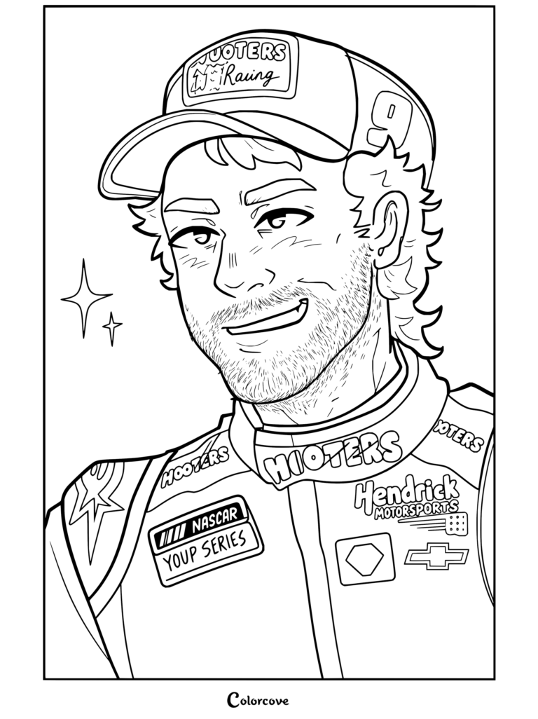 Detallado dibujo para colorear de Chase Elliott sonriendo con un mono de carreras y una gorra de Hooters.