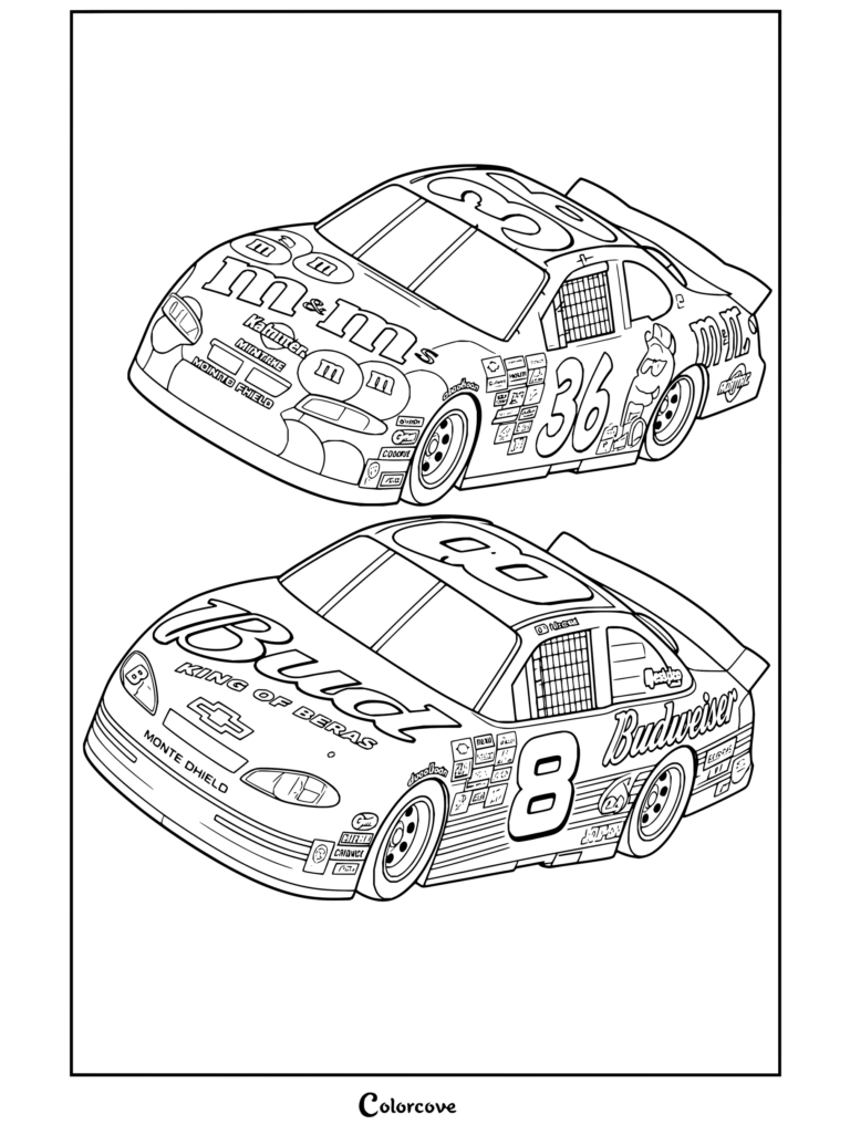 Dibujo para colorear de NASCAR con el Chevrolet Budweiser de Dale Earnhardt Jr. compitiendo contra un Pontiac amarillo de M&M's.