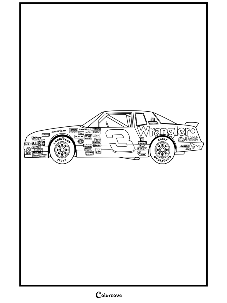Dibujo para colorear de NASCAR del Wrangler Chevrolet Monte Carlo de 1987 de Dale Earnhardt Sr. con gráficos detallados del auto de carreras.