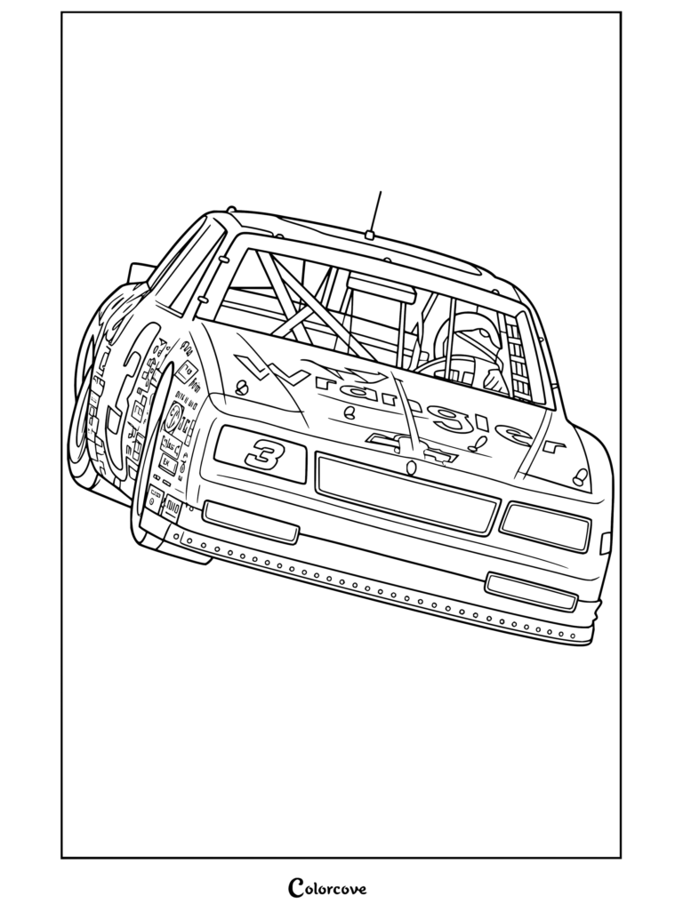 Dibujo para colorear gratis de Dale Earnhardt Sr. pilotando el icónico auto de carreras de NASCAR Chevrolet Wrangler número 3, con una detallada jaula antivuelco y calcomanías de patrocinadores para los fanáticos de NASCAR.