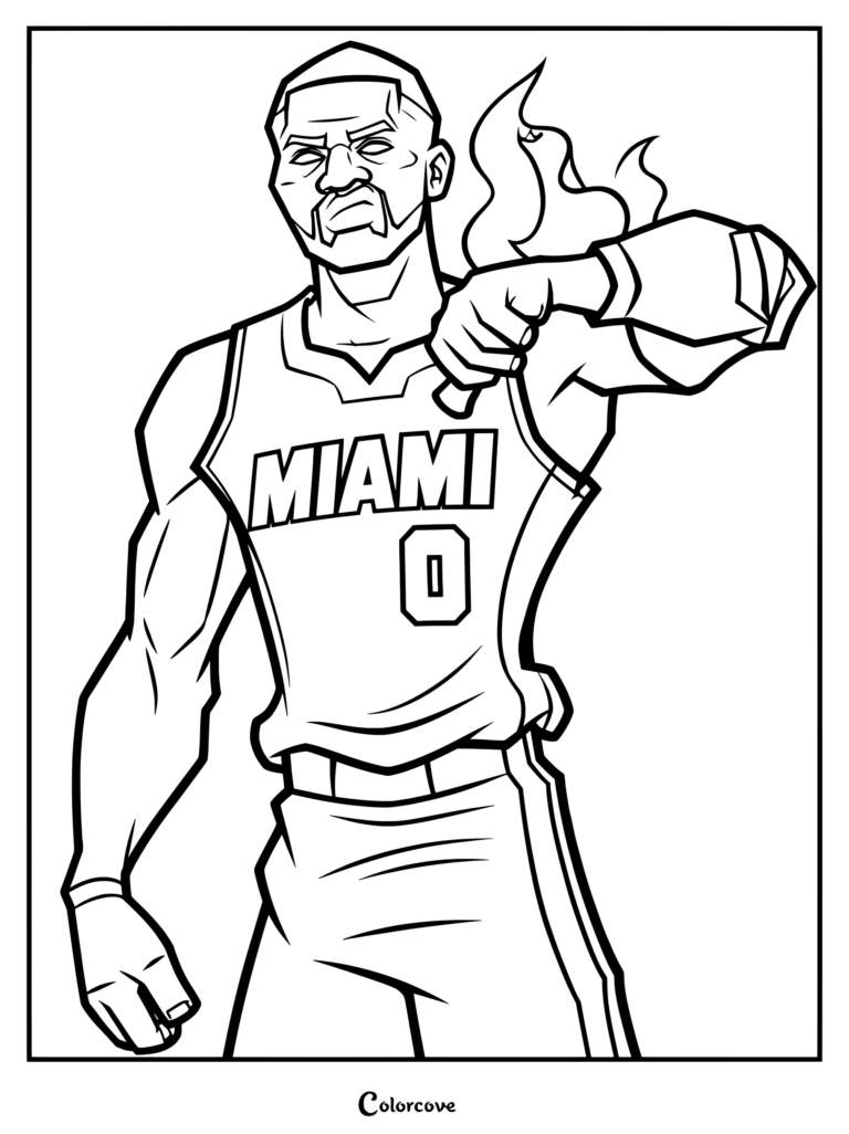 Page de coloriage NBA : illustration numérique stylisée de Damian Lillard portant un maillot rouge de Miami et exécutant sa célébration emblématique en se tapotant le poignet.
