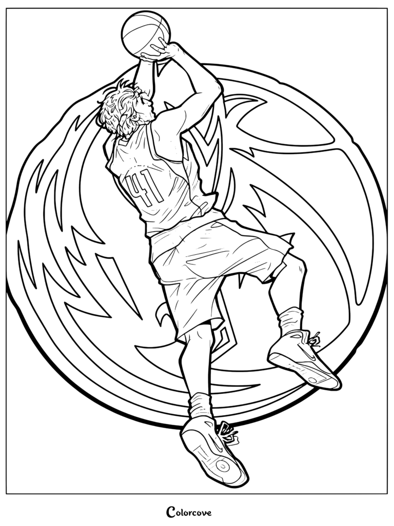 Page de coloriage pour les fans de la NBA : illustration numérique de Luka Doncic en uniforme des Dallas Mavericks tirant au panier devant le logo de l'équipe.