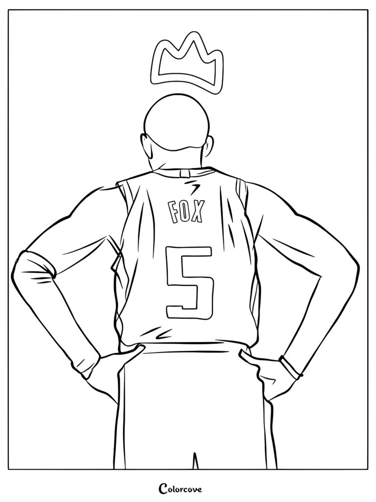 Page de coloriage NBA représentant De'Aaron Fox vu de dos portant son maillot des Sacramento Kings avec une couronne brillante au-dessus.