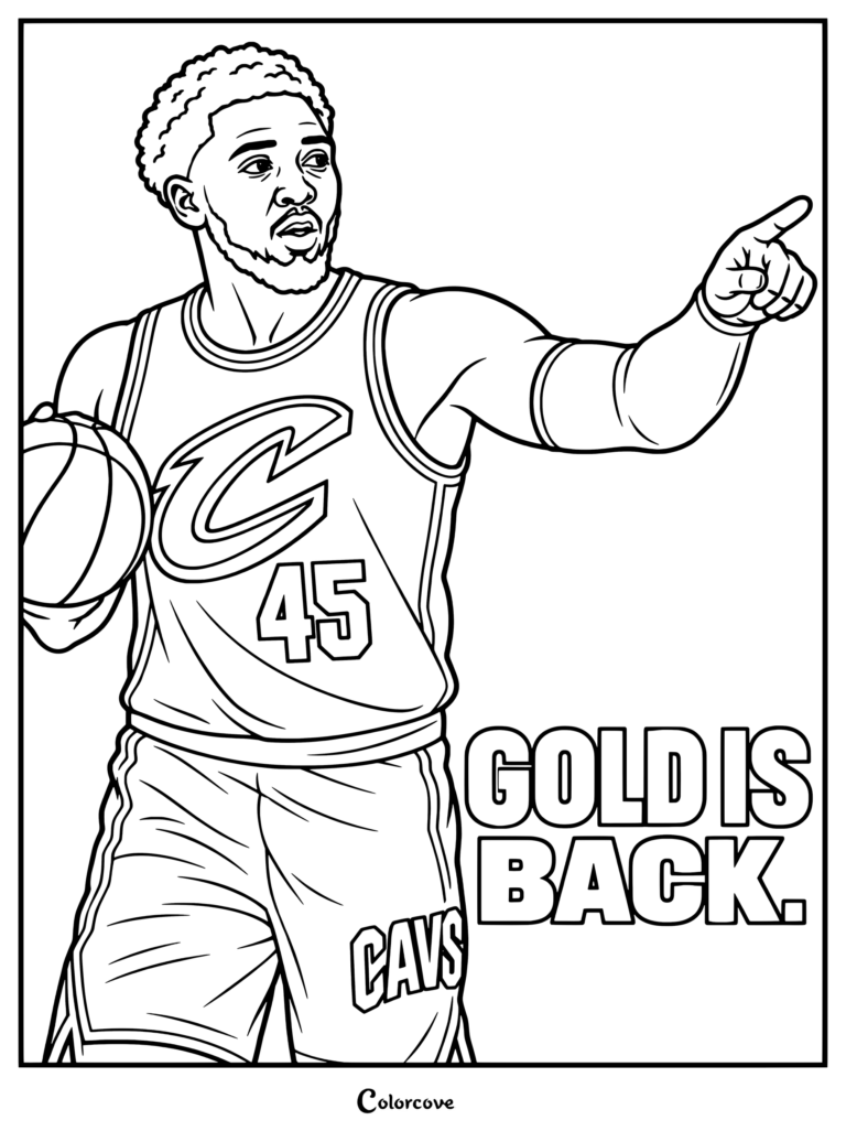 Page de coloriage pour les fans de la NBA : illustration vectorielle de Donovan Mitchell en maillot des Cleveland Cavaliers tenant un ballon de basket et pointant vers l'avant sur un fond bordeaux et or.
