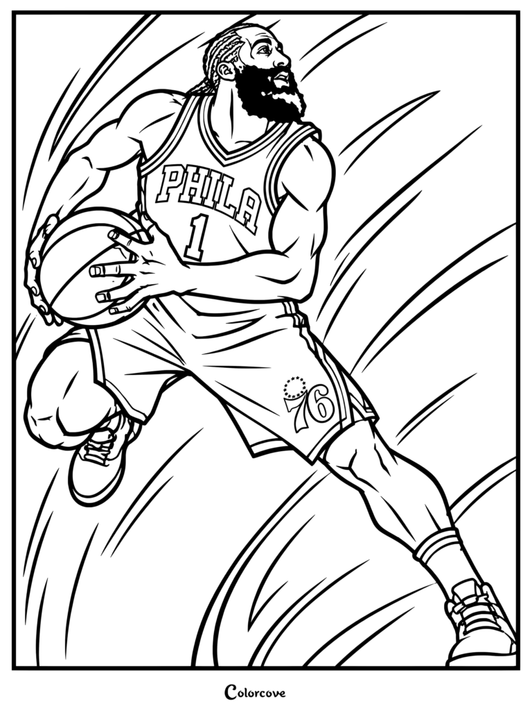 Page de coloriage NBA : illustration dynamique en style bande dessinée de James Harden dans un uniforme bleu des Philadelphia 76ers dribblant au milieu de lignes de mouvement dynamiques.
