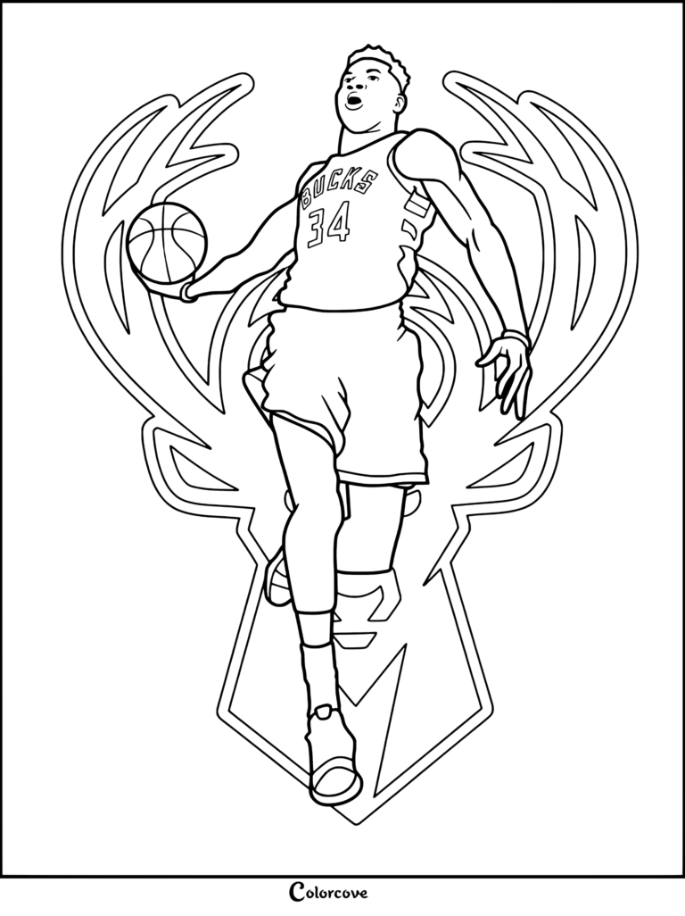 Page de coloriage pour les fans de la NBA : Giannis Antetokounmpo dribblant dans un style dessin animé avec le logo des Milwaukee Bucks en arrière-plan.