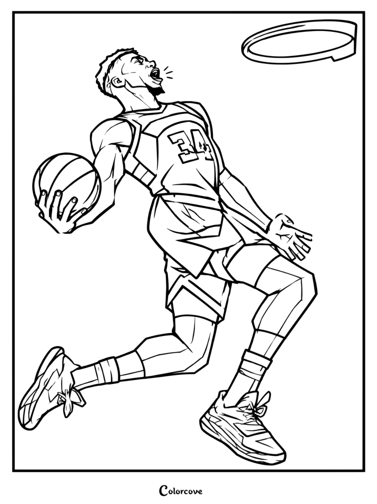 Page de coloriage pour les fans de la NBA présentant Giannis Antetokounmpo effectuant un dunk puissant dans un style vectoriel polygonal.
