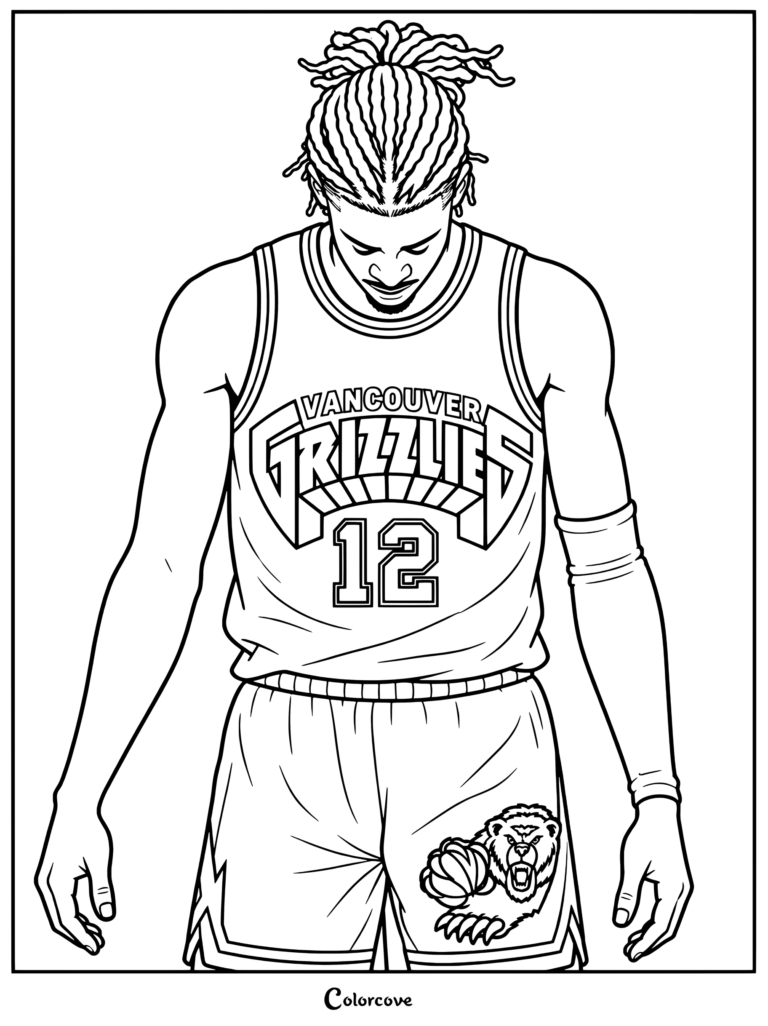 Une page de coloriage en noir et blanc de Ja Morant portant un maillot des Vancouver Grizzlies, conçue pour les fans de la NBA.