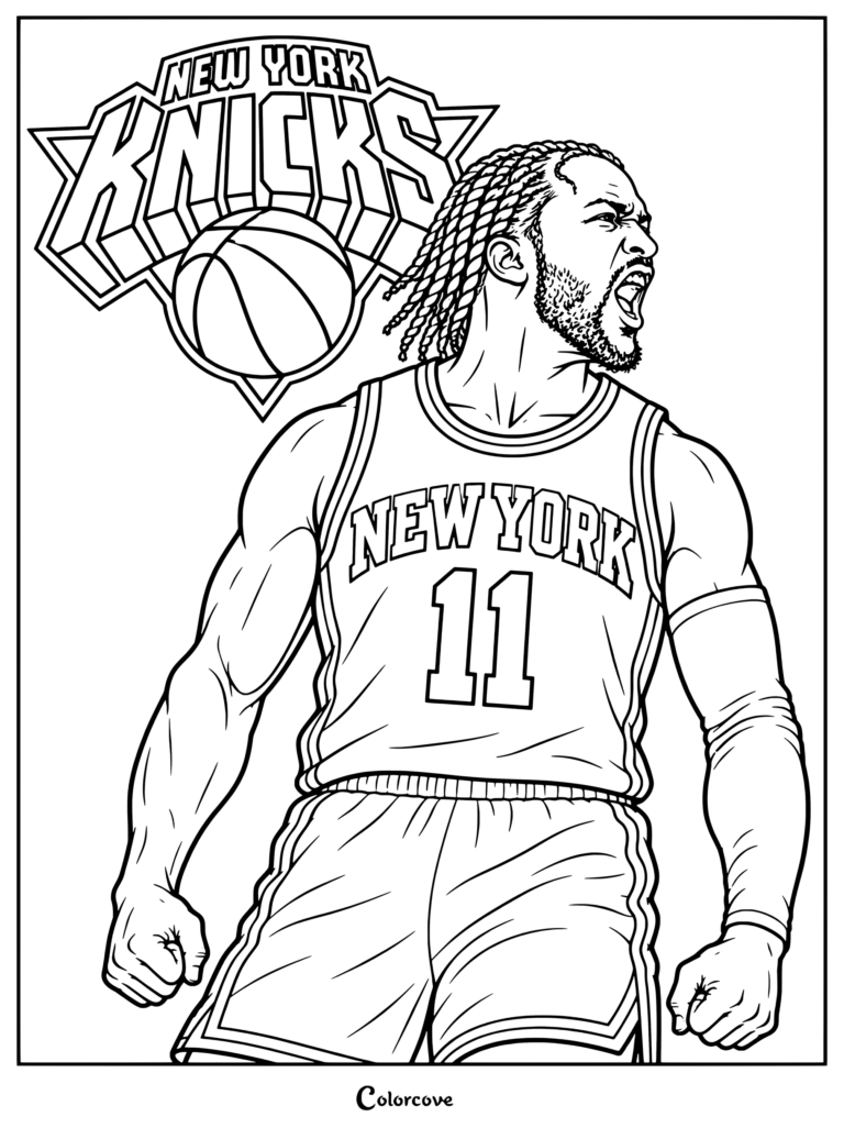 Page de coloriage pour les fans de la NBA : Jalen Brunson criant dans un style graffiti urbain avec le logo des New York Knicks et la skyline en arrière-plan.