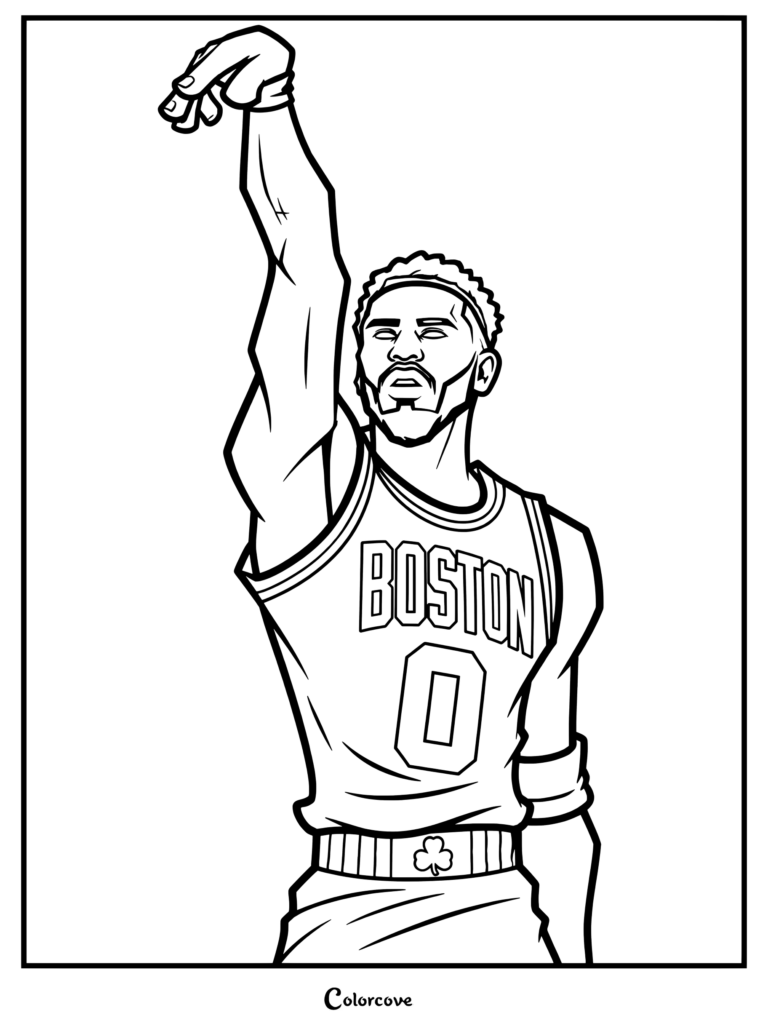 Page de coloriage pour les fans de la NBA représentant Jayson Tatum en uniforme des Boston Celtics pointant vers le haut dans un style dessin animé.