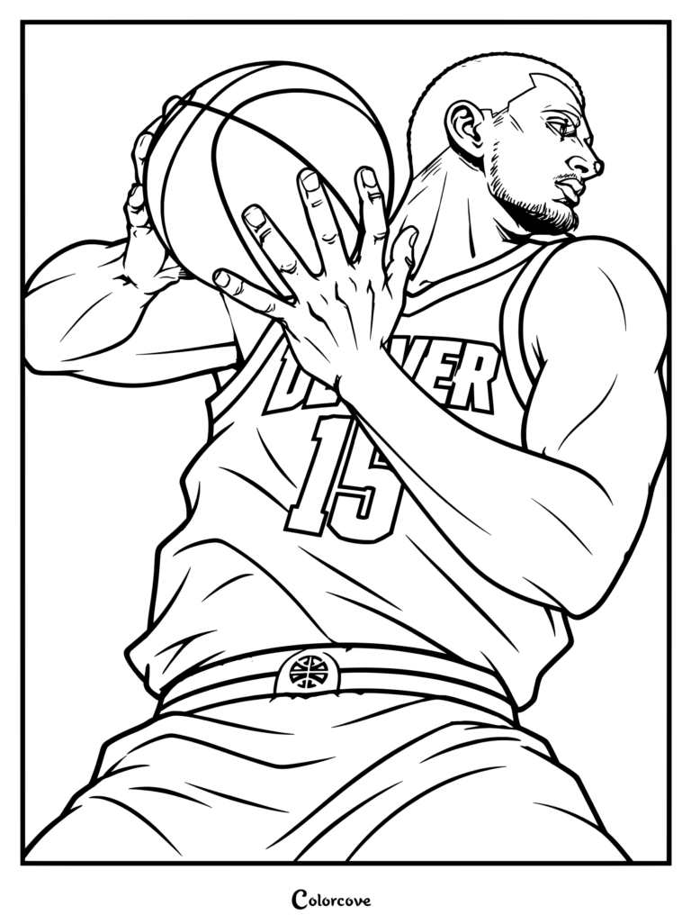 Page de coloriage : illustration dynamique dans un style anime du joueur de la NBA Nikola Jokic dans un maillot des Denver Nuggets tenant un ballon de basket.