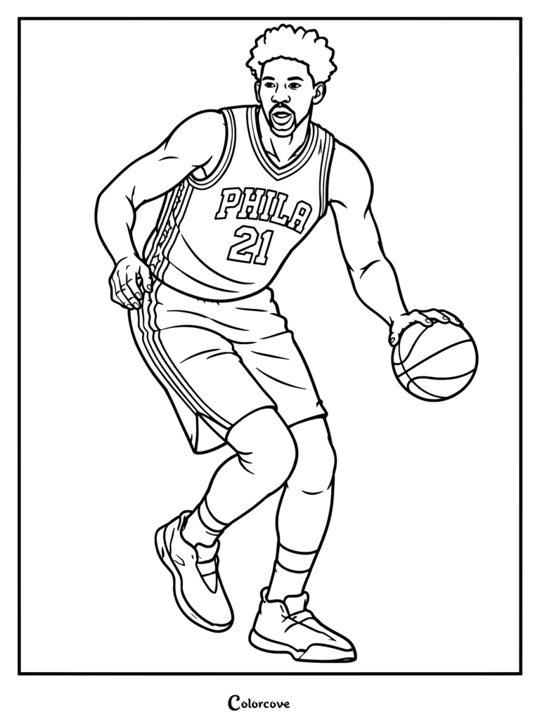 Page de coloriage pour les fans de la NBA : croquis numérique de Joel Embiid dribblant avec le ballon dans l'uniforme des Philadelphia 76ers.