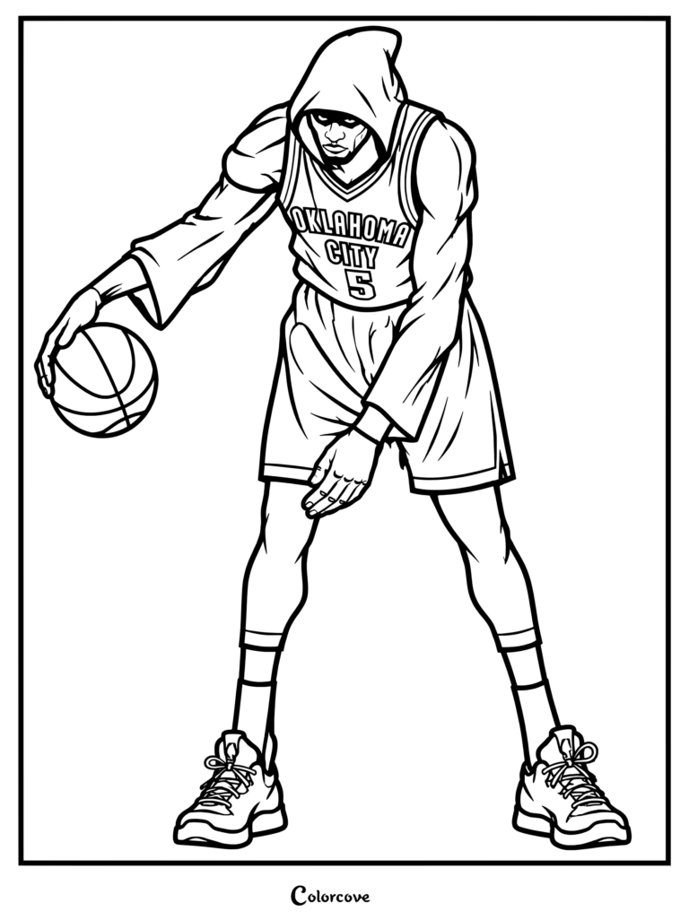 Page de coloriage pour les fans de la NBA : fan art de Kevin Durant en Faucheuse dribblant avec un ballon dans un maillot de l'Oklahoma City Thunder.