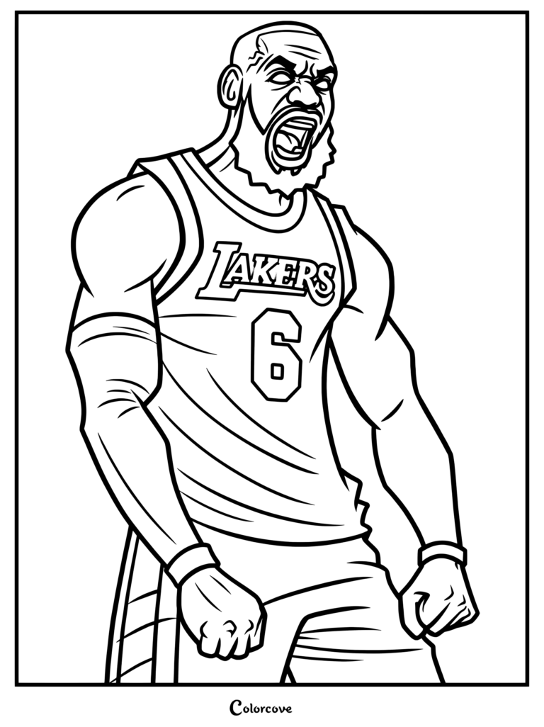 Page de coloriage de LeBron James présentant la star de la NBA avec son maillot numéro 6 et une expression intense.