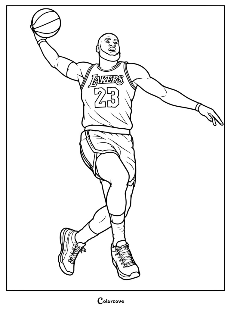 Page de coloriage NBA à imprimer de LeBron James faisant un dunk dans un maillot des Los Angeles Lakers portant le numéro 23.