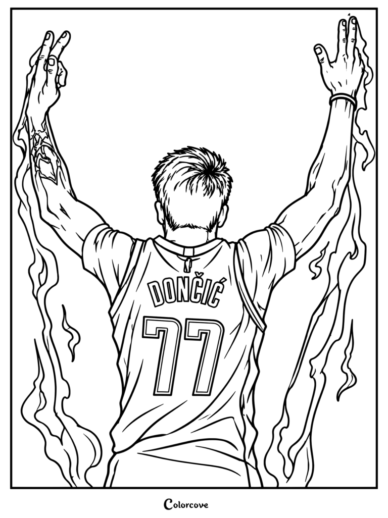 Page de coloriage pour les fans de la NBA : Luka Doncic vu de dos dans un style croquis de bande dessinée, levant les deux bras au milieu d'effets d'éclairs.