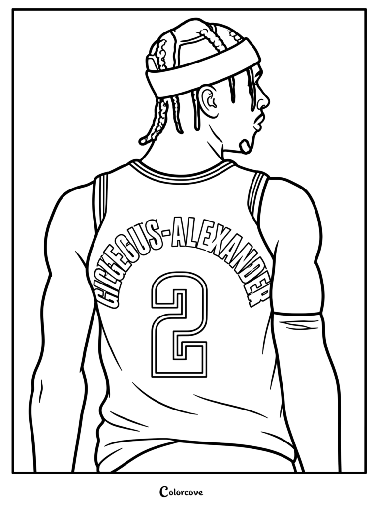 Page de coloriage NBA : illustration numérique du joueur de basket Shai Gilgeous-Alexander vu de dos avec le maillot numéro 2 du Thunder.