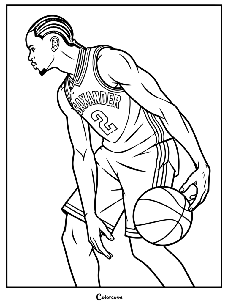 Page de coloriage NBA : illustration vectorielle numérique de Shai Gilgeous-Alexander dribblant dans un maillot de l'Oklahoma City Thunder.