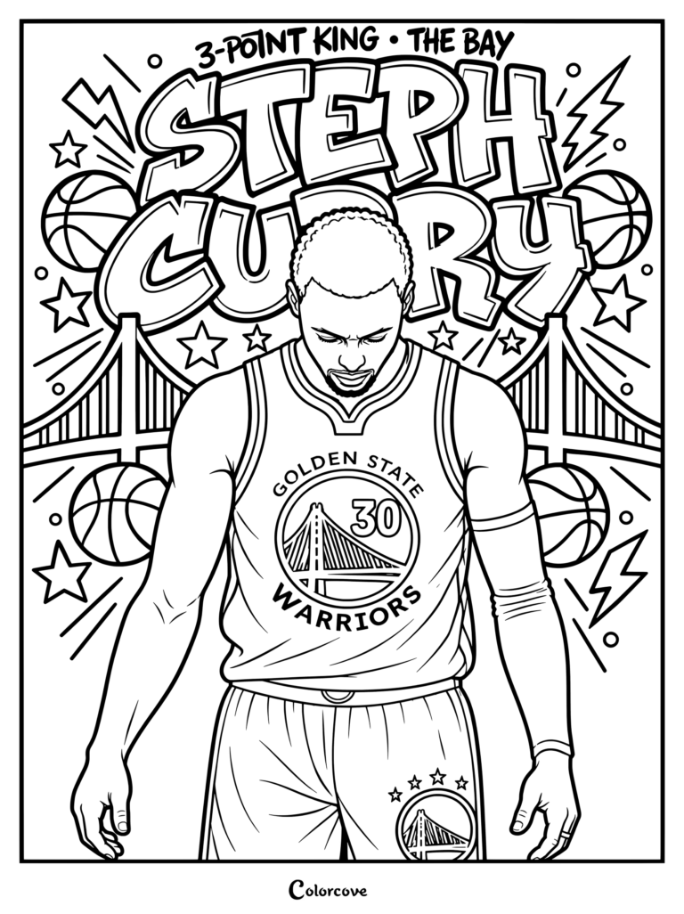 Page de coloriage pour les fans de NBA : fan art de Stephen Curry en style dessin animé portant l'uniforme des Golden State Warriors sur un fond graffiti.