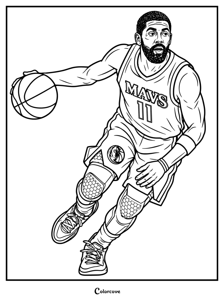 Page de coloriage pour les fans de la NBA : croquis au crayon en noir et blanc de Kyrie Irving dribblant dans un uniforme des Dallas Mavericks.