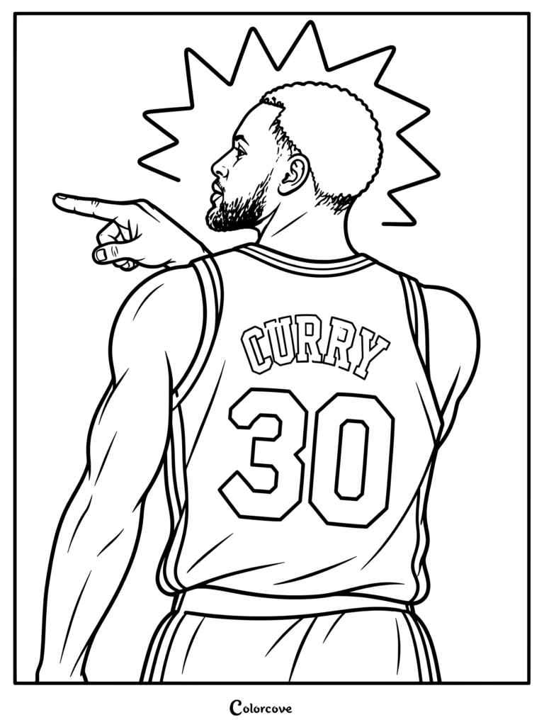 Page de coloriage d'un joueur de la NBA : Stephen Curry portant son maillot des Golden State Warriors et pointant du doigt, dans un style d'illustration sur fond noir.