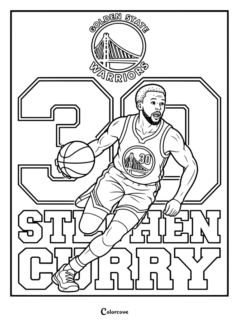 Page de coloriage NBA de Stephen Curry mettant en scène le joueur star en train de dribbler.