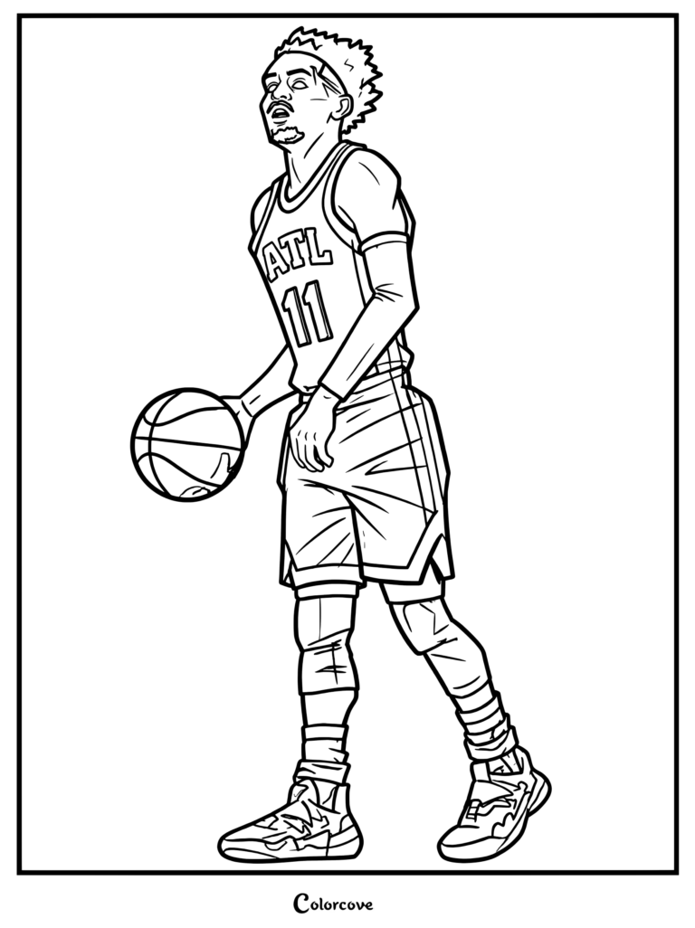 Page de coloriage pour les fans de la NBA représentant Trae Young dribblant dans un style d'illustration en dessin animé.