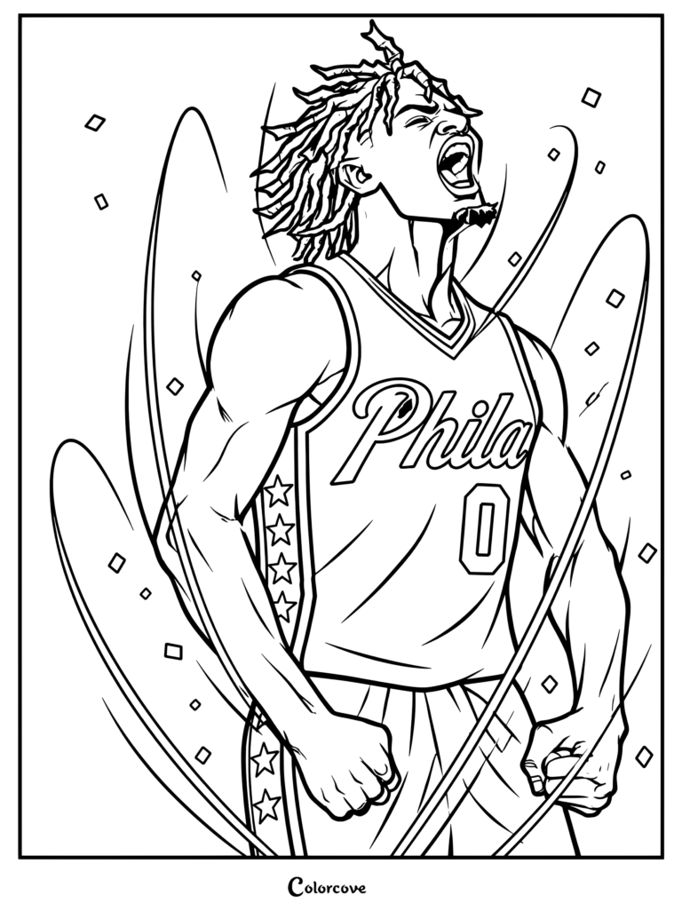 Page de coloriage NBA : portrait de Tyrese Maxey rugissant dans un maillot des Philadelphia 76ers dans un style bande dessinée.