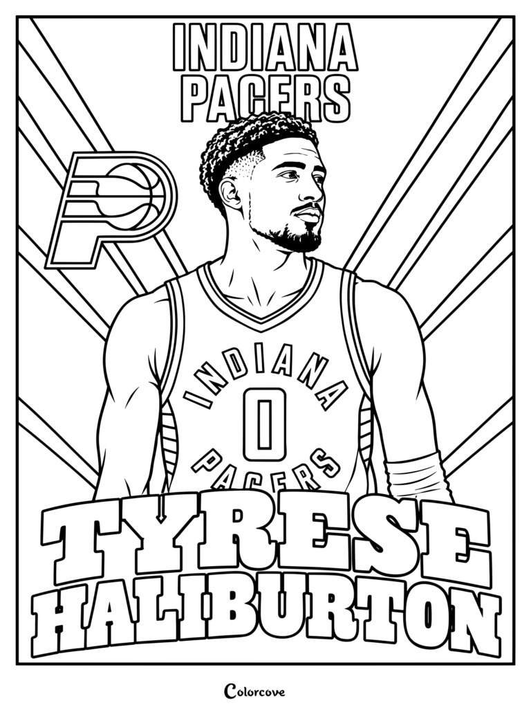 Page de coloriage pour les fans de la NBA : illustration vectorielle du joueur de basket des Indiana Pacers Tyrese Haliburton posant sur un fond bleu et jaune.
