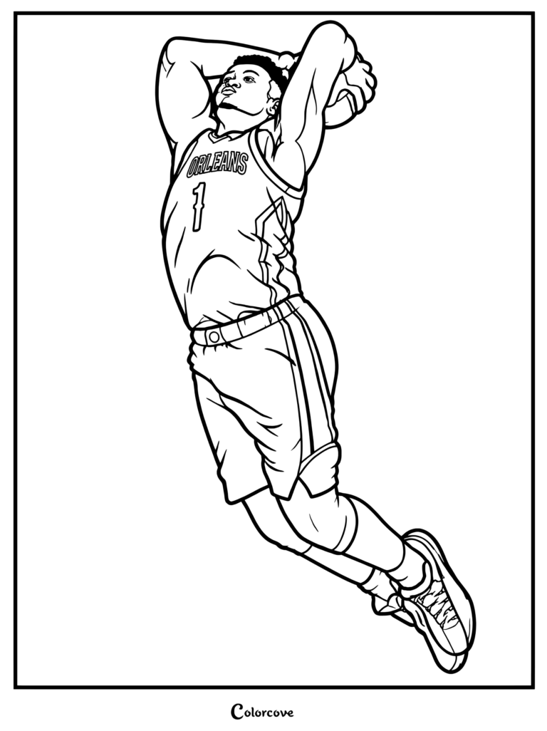 Page de coloriage dans un style d'illustration de bande dessinée montrant Zion Williamson s'envolant pour un dunk, parfaite pour les fans de la NBA.