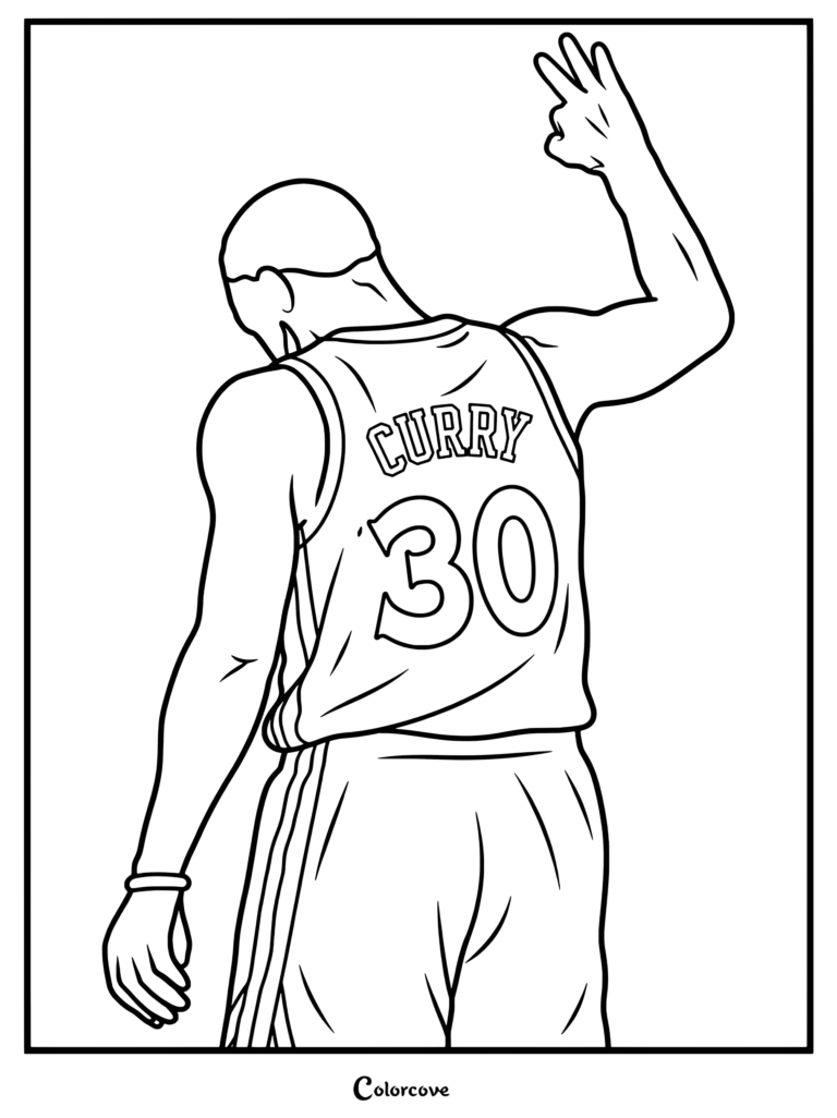 Page de coloriage NBA présentant Stephen Curry portant le maillot numéro 30, la main levée montrant trois doigts.
