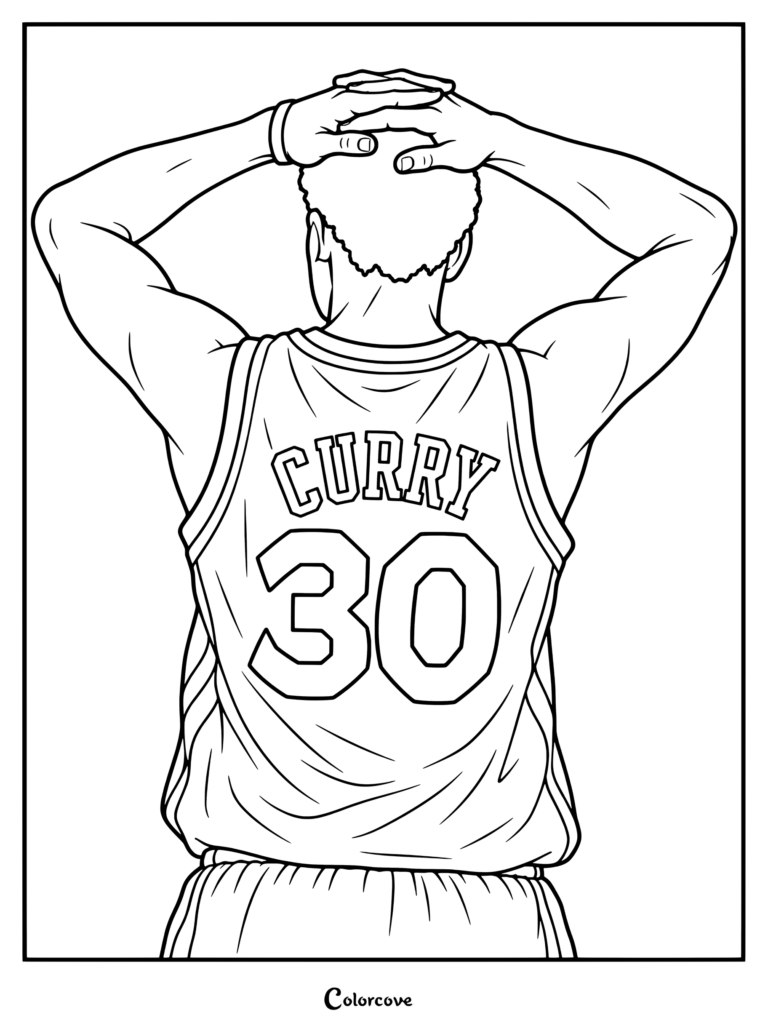 Page de coloriage pour les fans de la NBA mettant en scène la star du basket Stephen Curry vue de dos, les mains sur la tête.