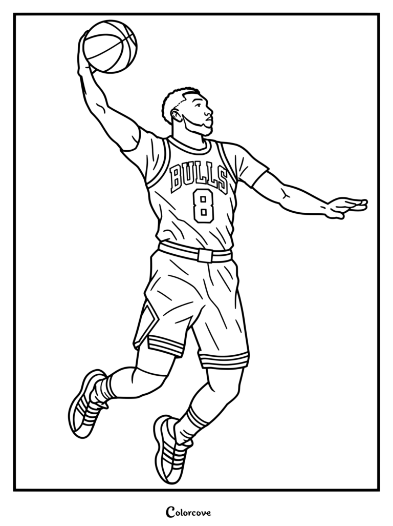 Page de coloriage NBA représentant Bam Adebayo portant l'uniforme des Chicago Bulls tout en exécutant un dunk à une main.