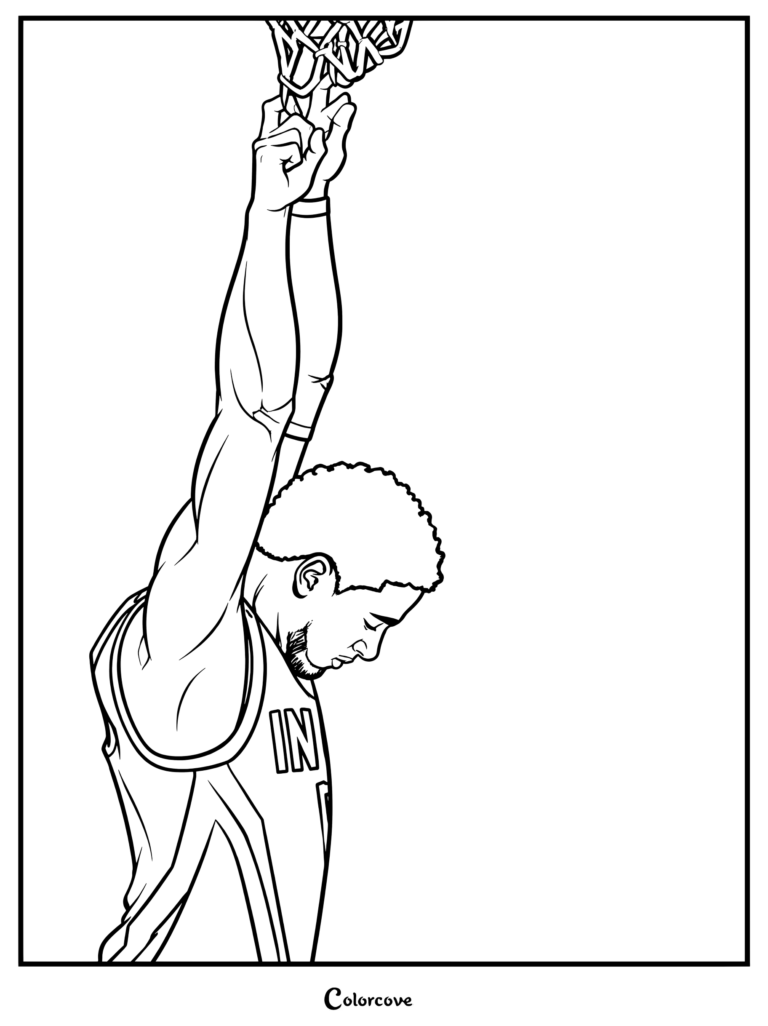 Page de coloriage pour les fans de la NBA : illustration numérique fan art de Tyrese Haliburton accroché au cercle avec son maillot des Indiana Pacers.