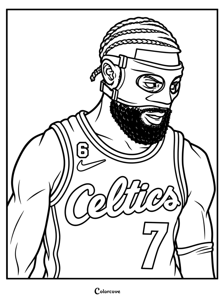 Page de coloriage sous forme d'illustration numérique du joueur de basket NBA Jaylen Brown portant un masque de protection noir et un maillot des Boston Celtics.