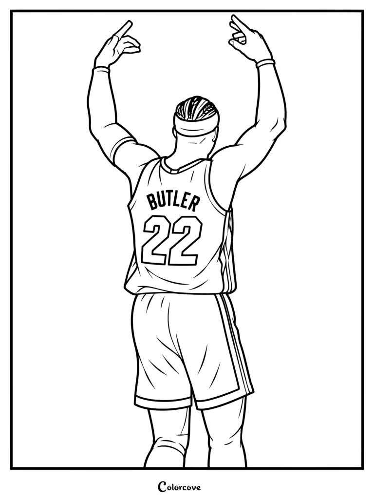 Page de coloriage pour les fans de la NBA : illustration numérique de Jimmy Butler vu de dos, portant son maillot du Miami Heat, les bras levés et les mains encadrant sa tête.