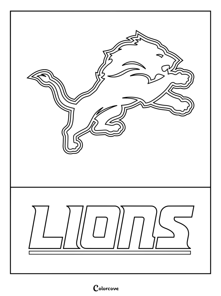 Dibujo del logotipo de Detroit Lions para colorear de la NFL, con un león saltando y letras llamativas.