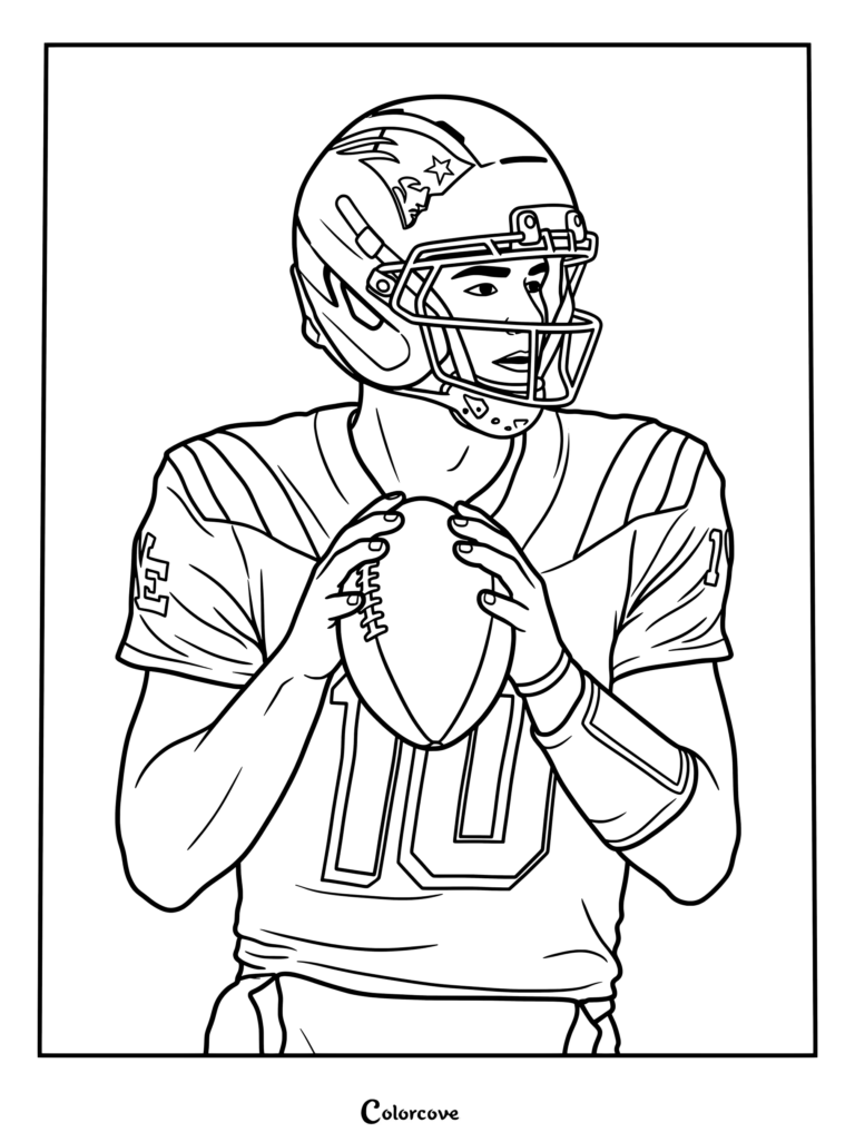 Dibujo de Drake Maye con el jugador de la NFL sosteniendo un balón en su jersey y casco.